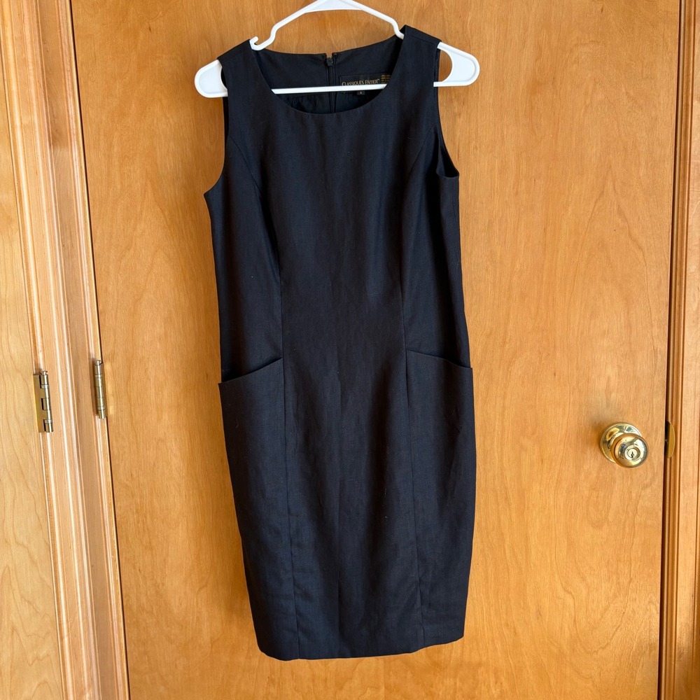 Classiques Entier Linen Shift Dress Women 6 Black Sleeveless Pockets Workwear